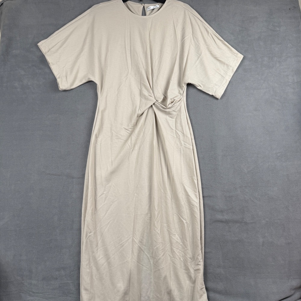 MNG Mango Beige Twist Front Short Sleeve Jersey Maxi Dress Size S M